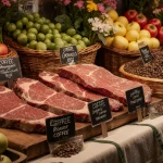 Beef steak and coffee beans sit with vibrant fruits and vegetables and flowers at a farmers market under warm golden light.