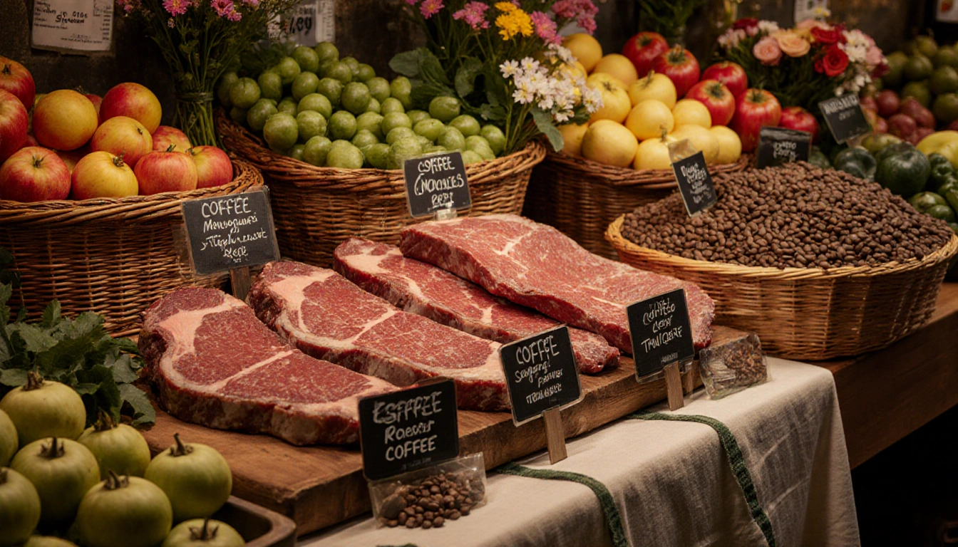 Beef steak and coffee beans sit with vibrant fruits and vegetables and flowers at a farmers market under warm golden light.