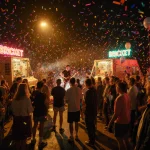 Jimmy Eat Brisket performing on stage at nighttime concert with neon lights and confetti.