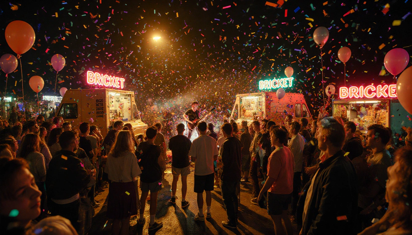 Jimmy Eat Brisket performing on stage at nighttime concert with neon lights and confetti.