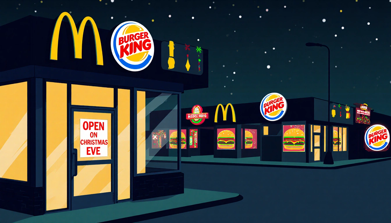 McDonald's front sign shines with bright Open on Christmas Eve text and limited service hours below.