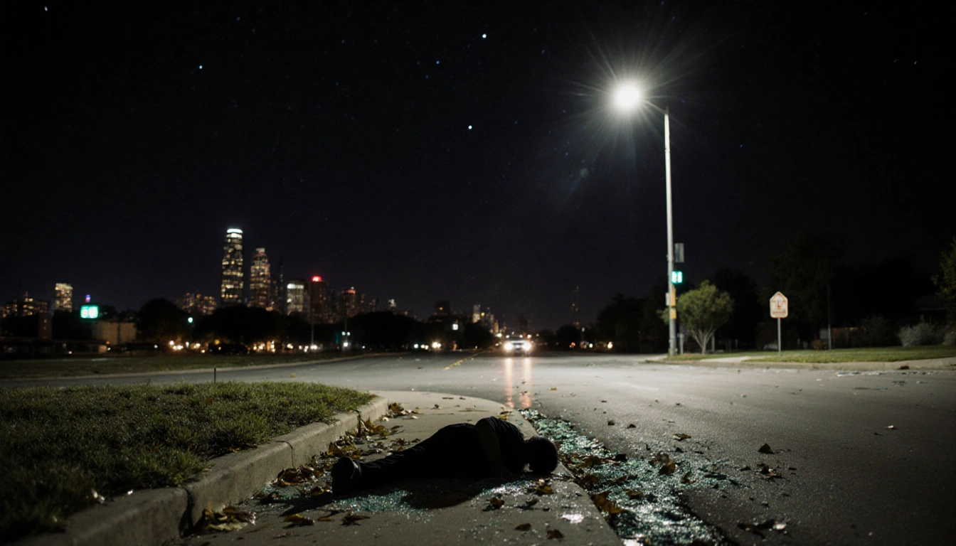 Dark shape lies on ground after fatal collision with scattered leaves and shattered glass illuminated by car headlights near