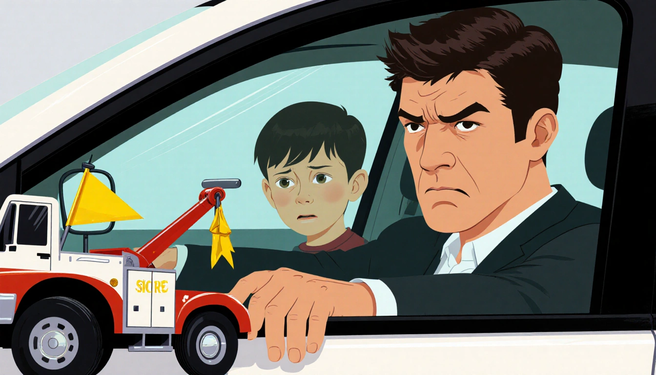 Father pressing car window with worried face while child appears through glass and tow truck yellow flag nearby
