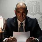 FBI Deputy Director Dan Bongino sits at a desk holding his resignation letter with an office and flickering light bulb.