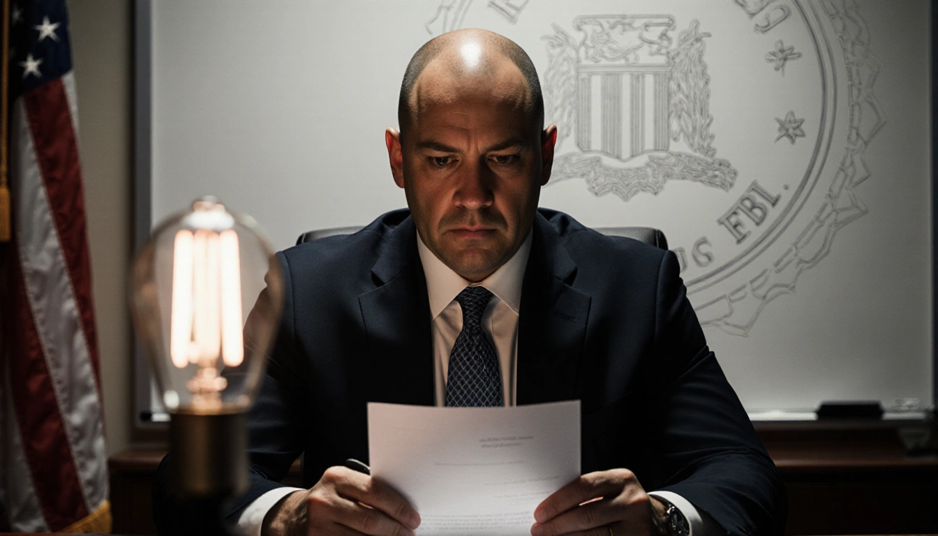 FBI Deputy Director Dan Bongino sits at a desk holding his resignation letter with an office and flickering light bulb.
