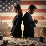 Two officials stand back-to-back at a podium with a flag backdrop and a blurred cityscape.