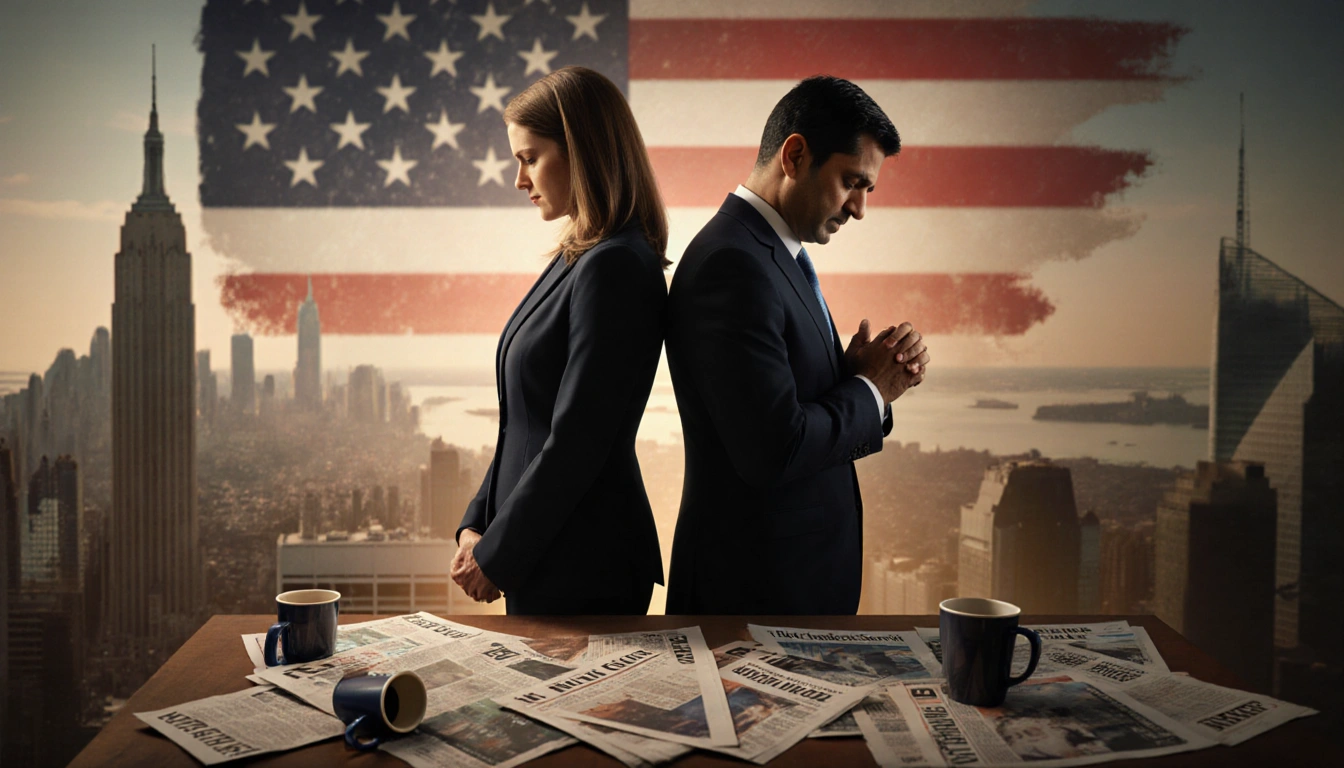 Two officials stand back-to-back at a podium with a flag backdrop and a blurred cityscape.