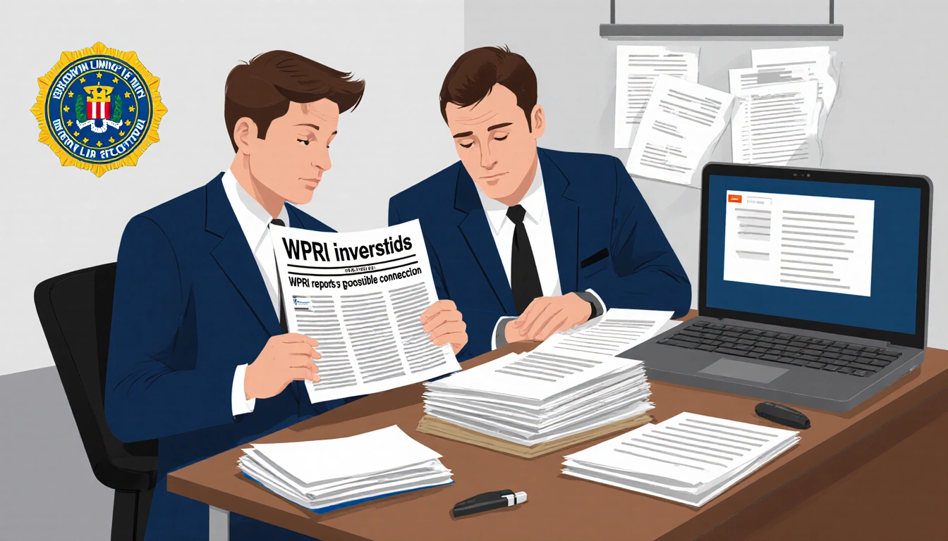 FBI agents scrutinizing documents with laptop screen and newspaper clipping of Brown shooting and MIT professor link