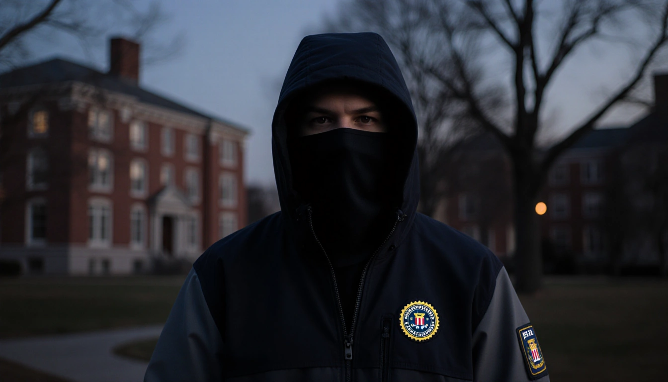 Dark two-tone jacket unzipped shows suspect physique with masked face and blurred campus buildings at dusk and FBI badge left