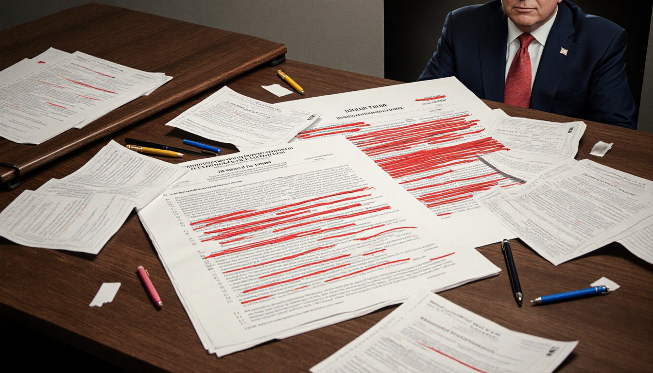 FBI documents lie on a desk with redacted sections and scattered pens with a faint presidential face