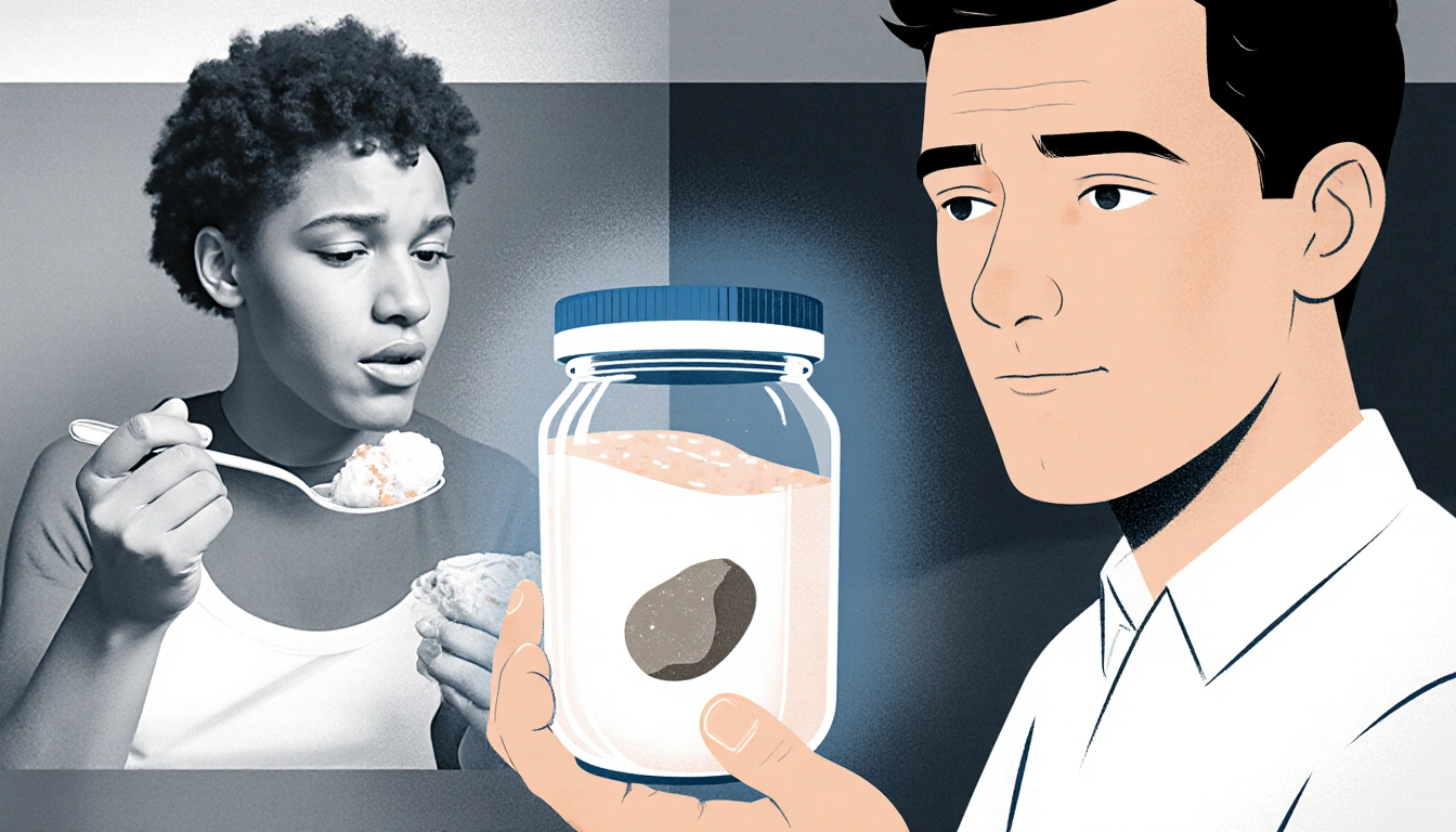 FDA inspector holds frozen dessert jar with stone shining in light and a blurred consumer enjoying the product