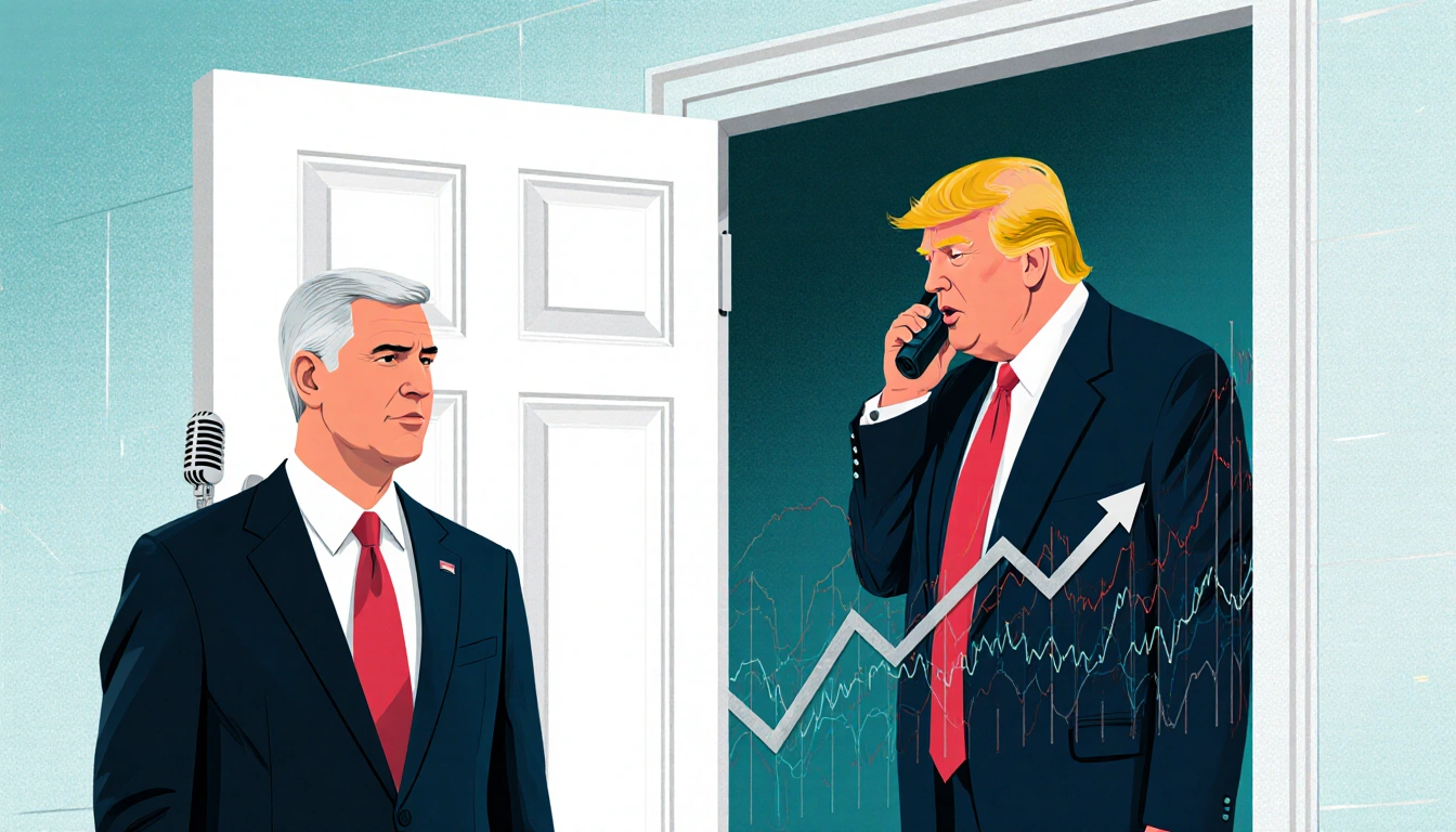 Jerome Powell stands before a door symbolizing Fed independence while Donald Trump speaks into an earpiece beside a rate char