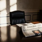 Federal Reserve desk holding folded newspaper with inflation headlines and a vacant chair awaiting arrival