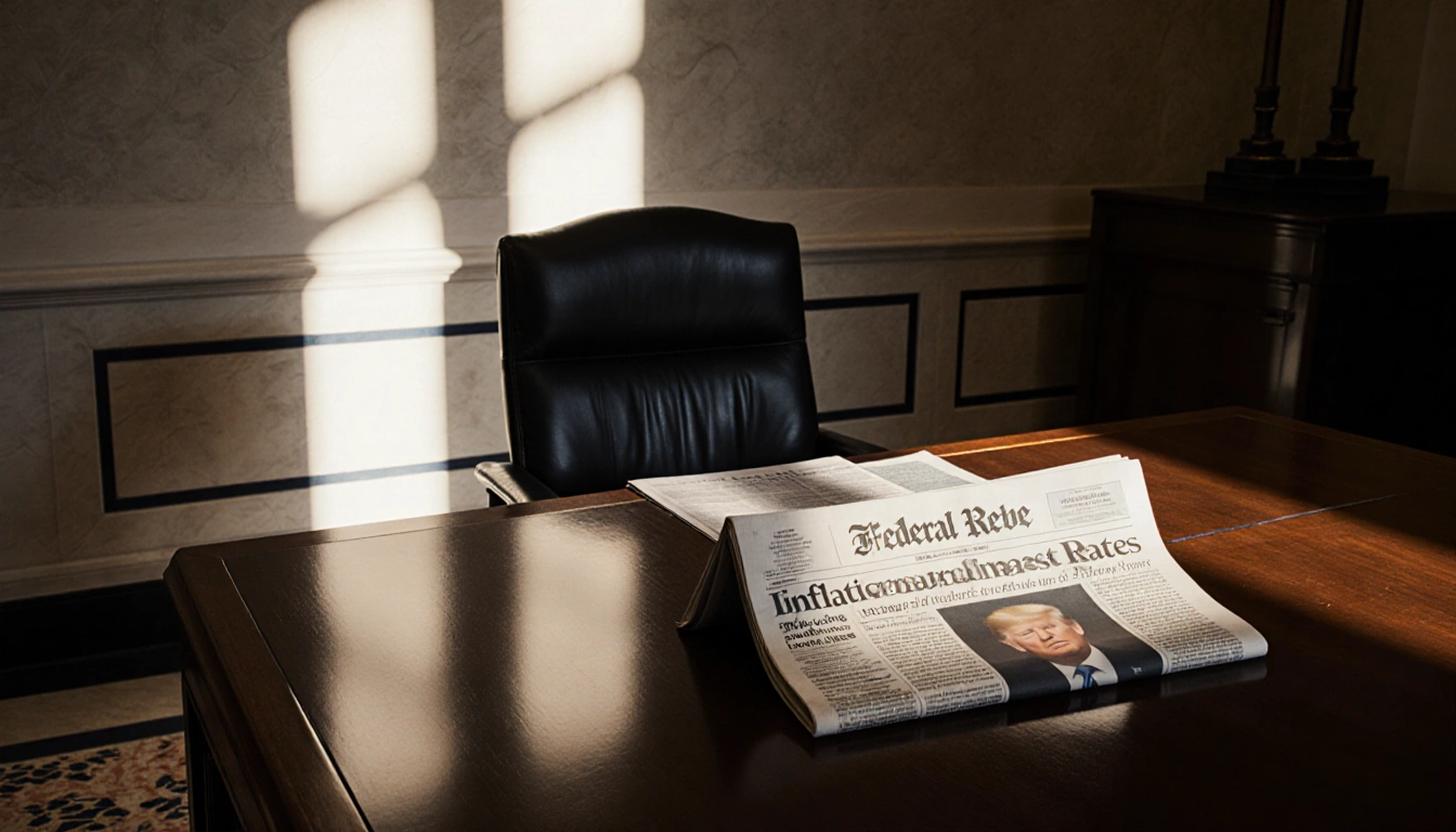 Federal Reserve desk holding folded newspaper with inflation headlines and a vacant chair awaiting arrival