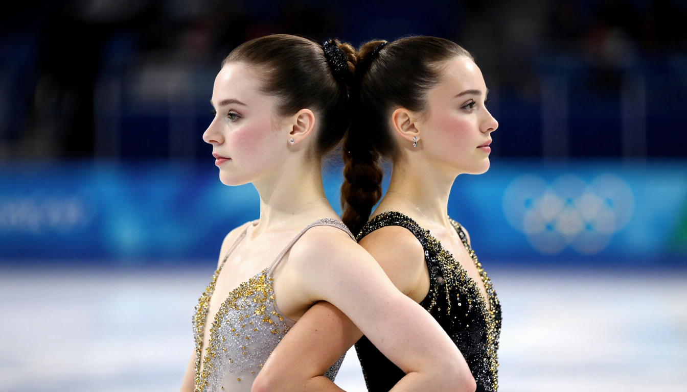Brittany Bowe supports Jackson as figure skaters with arms around waist back-to-back in warm golden light and Olympic colors