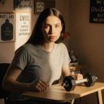 Female weightlifter sitting at small desk with barbell and motivational posters in warm light fitness
