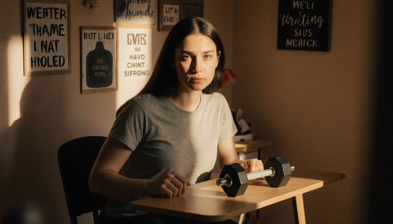 Female weightlifter sitting at small desk with barbell and motivational posters in warm light fitness