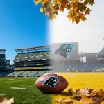 Football lies on ground near fence line with Packers stadium on clear blue sky and Panthers logo shrouded in mist