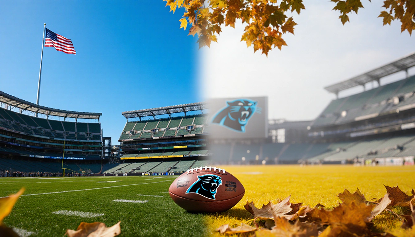 Football lies on ground near fence line with Packers stadium on clear blue sky and Panthers logo shrouded in mist