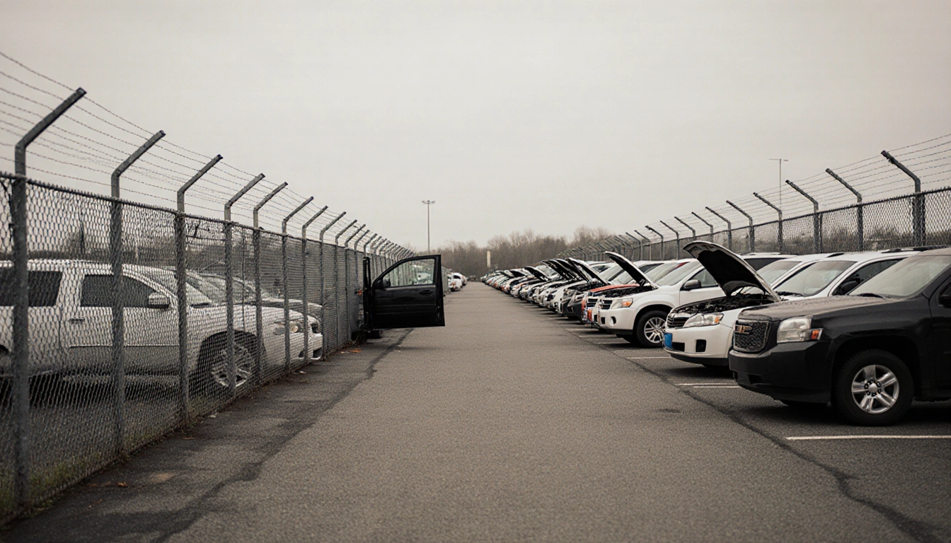 Cars lined in a fenced vehicle storage lot with doors open and hoods up revealing engines near a fence line hinting overflow