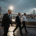 Sadettin Saran led by two suited men with flickering fluorescent light over wet pavement and Bosphorus Bridge in background.