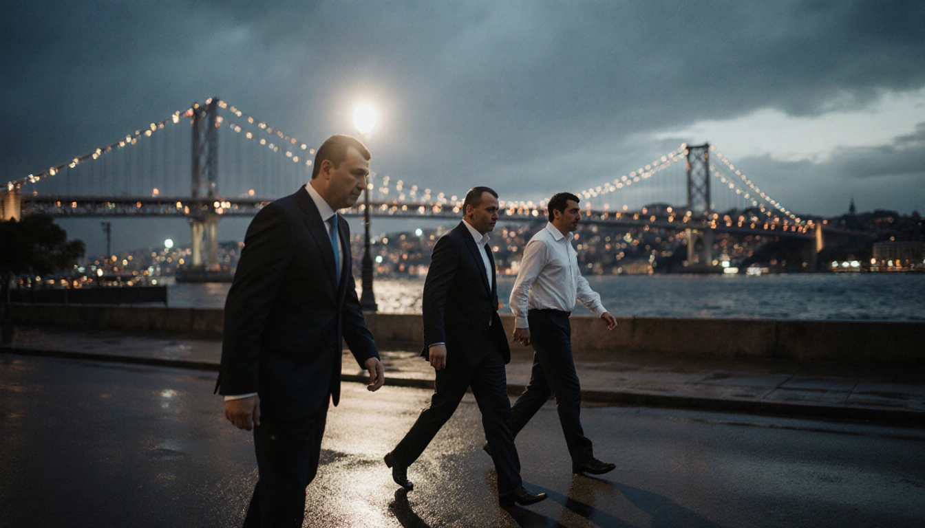 Sadettin Saran led by two suited men with flickering fluorescent light over wet pavement and Bosphorus Bridge in background.