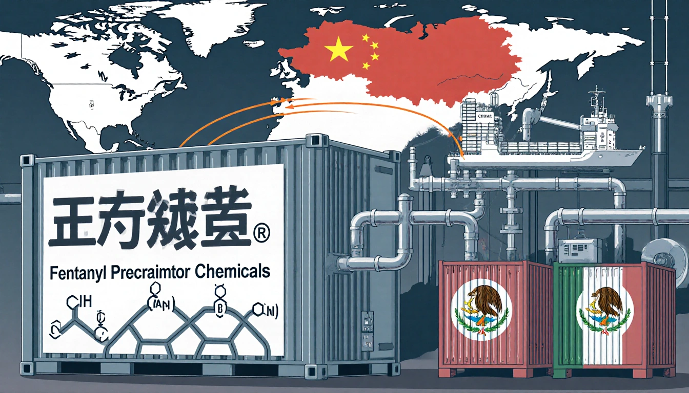Large container pouring chemicals with pipes to cartel-labeled tanks and a world map highlighting China