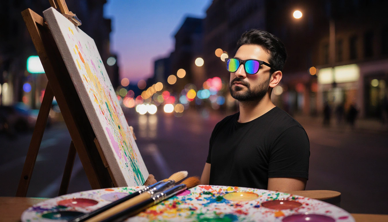 Artist standing before easel wearing colored-lens glasses with palette and brushes and blurred dusk cityscape behind