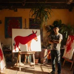Little Fernando Dávila stands before a bright red donkey painting with golden light spilling over a colorful studio