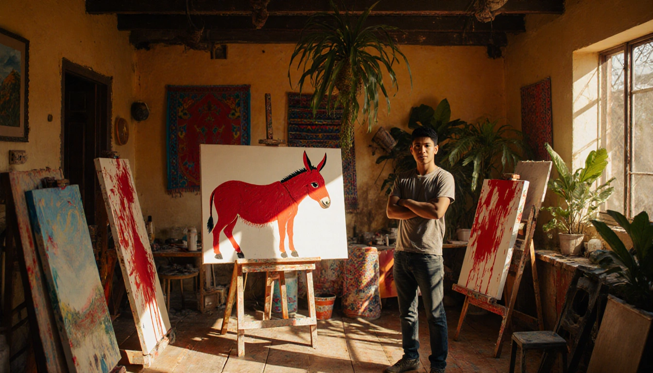 Little Fernando Dávila stands before a bright red donkey painting with golden light spilling over a colorful studio