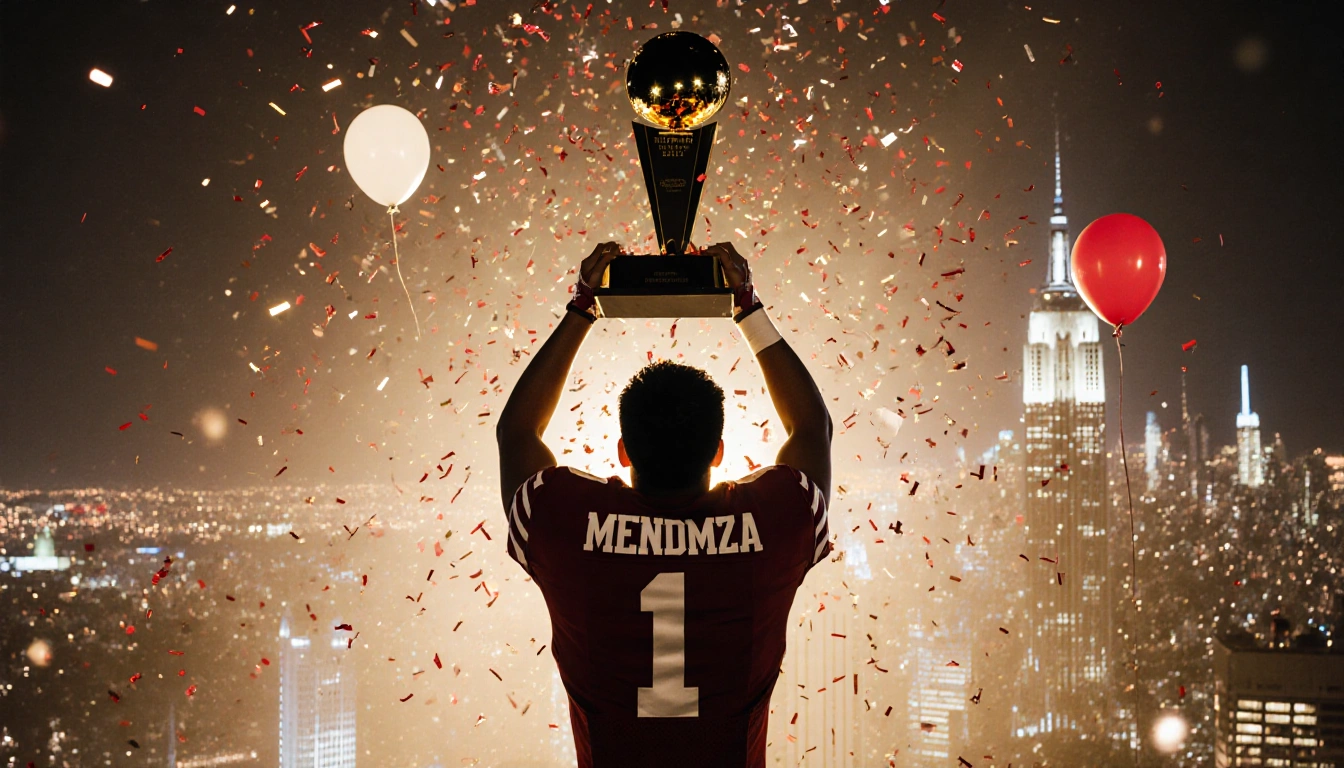 Fernando Mendoza raises arms in triumph with Heisman Trophy at feet confetti around him Indiana jersey against NYC skyline