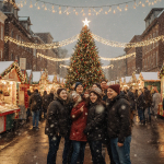 Tourists gather around a Christmas tree taking photos and laughing with warm golden light near Main Street holiday market