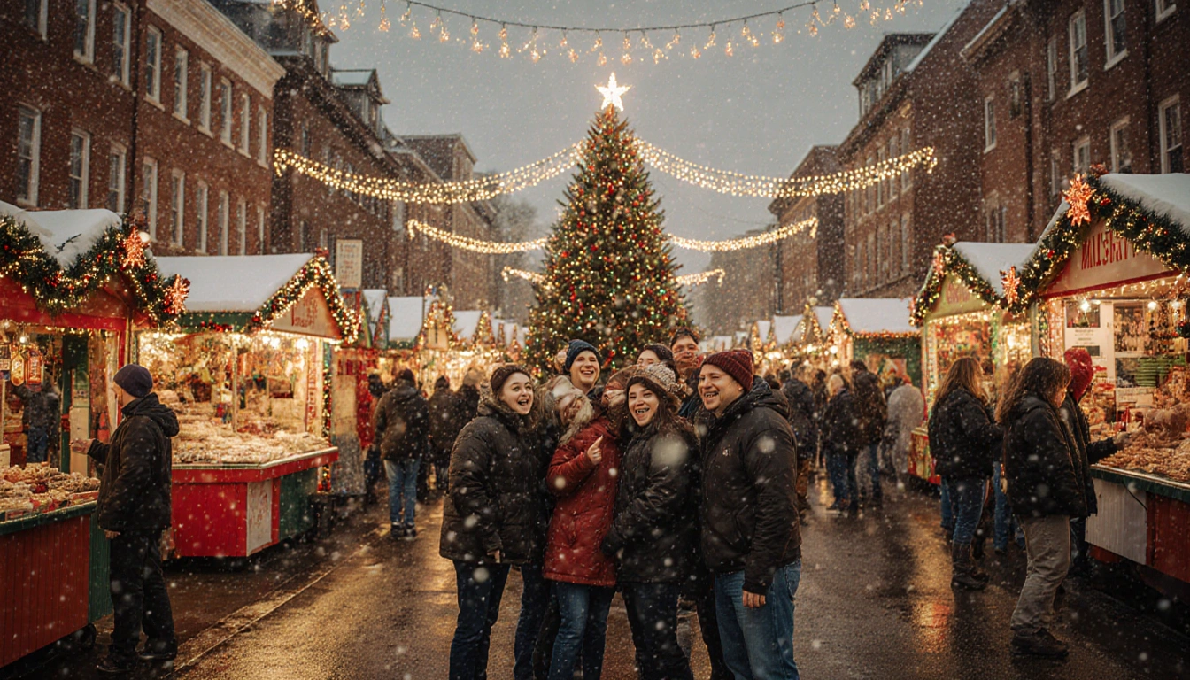 Tourists gather around a Christmas tree taking photos and laughing with warm golden light near Main Street holiday market