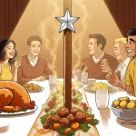 Family members laughing with a Festivus pole and a juicy turkey on a festive dinner table