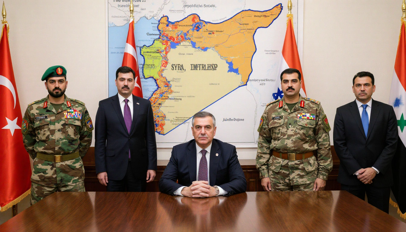 Hakan Fidan sits at a table with Syrian officials and SDF soldiers behind him, maps of Syria and Israel in background.