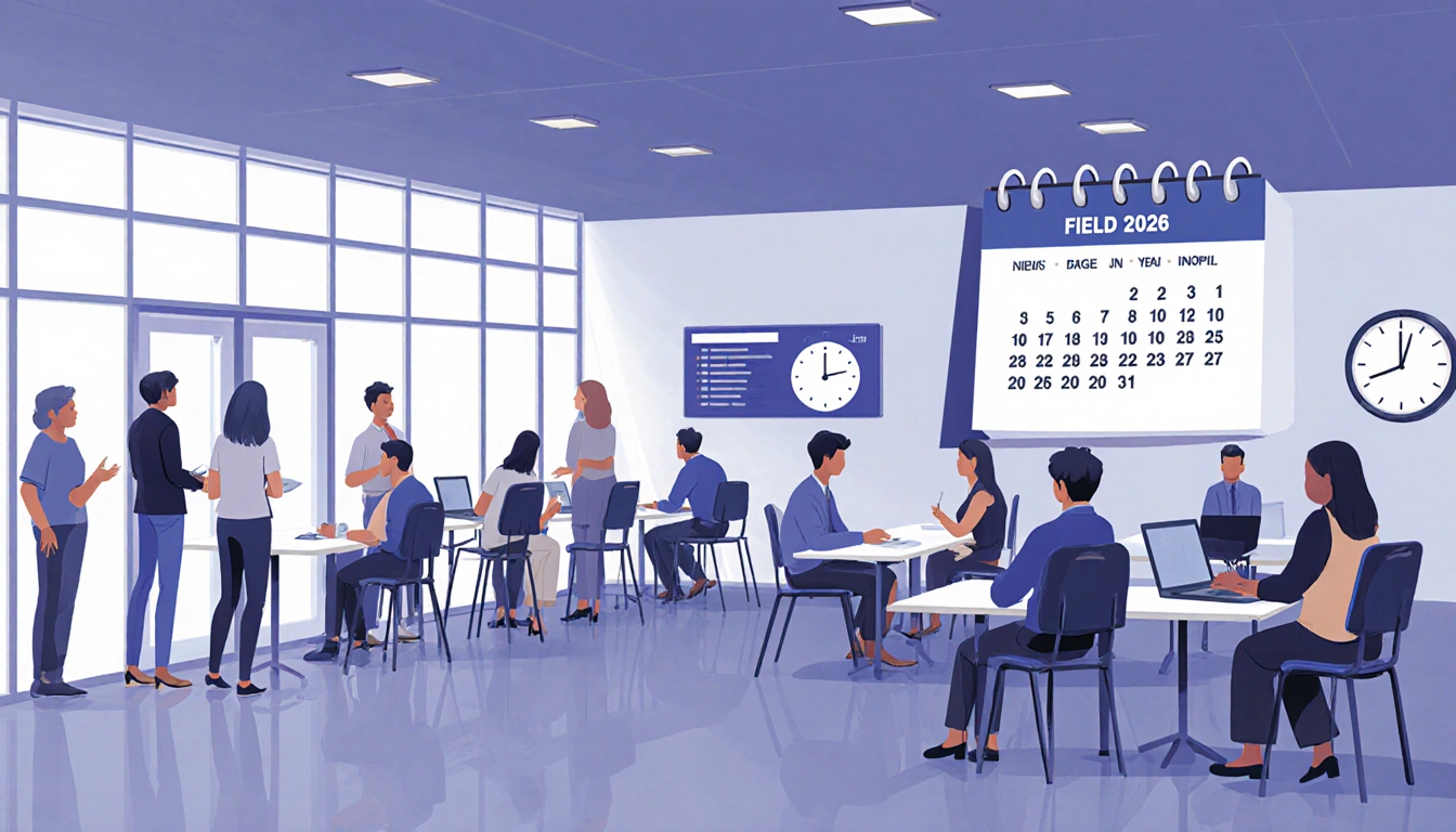 Staff checking in at a calm field office with digital signage and a subtle January 2026 calendar in the background.