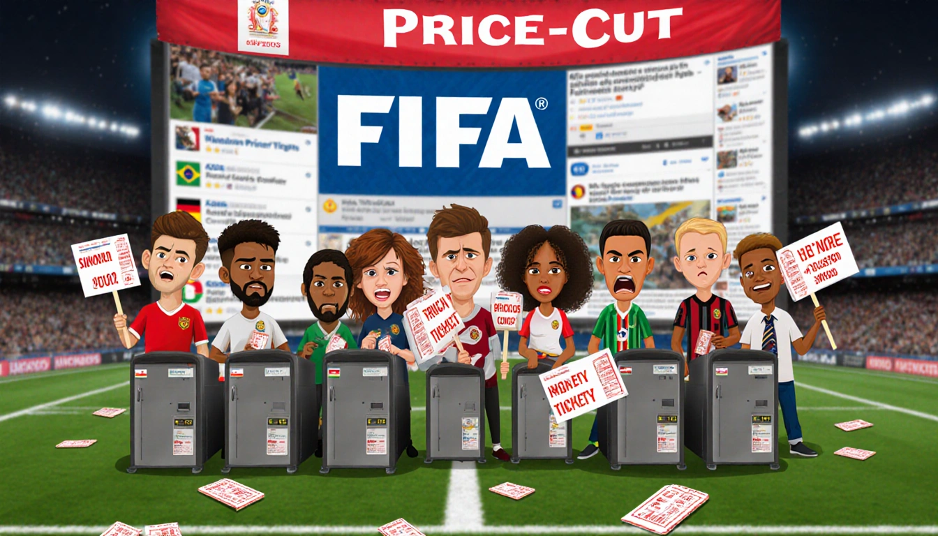 Crowd of angry protestors holding signs with Price Cut banner above them near empty ticket booths and a giant FIFA screen