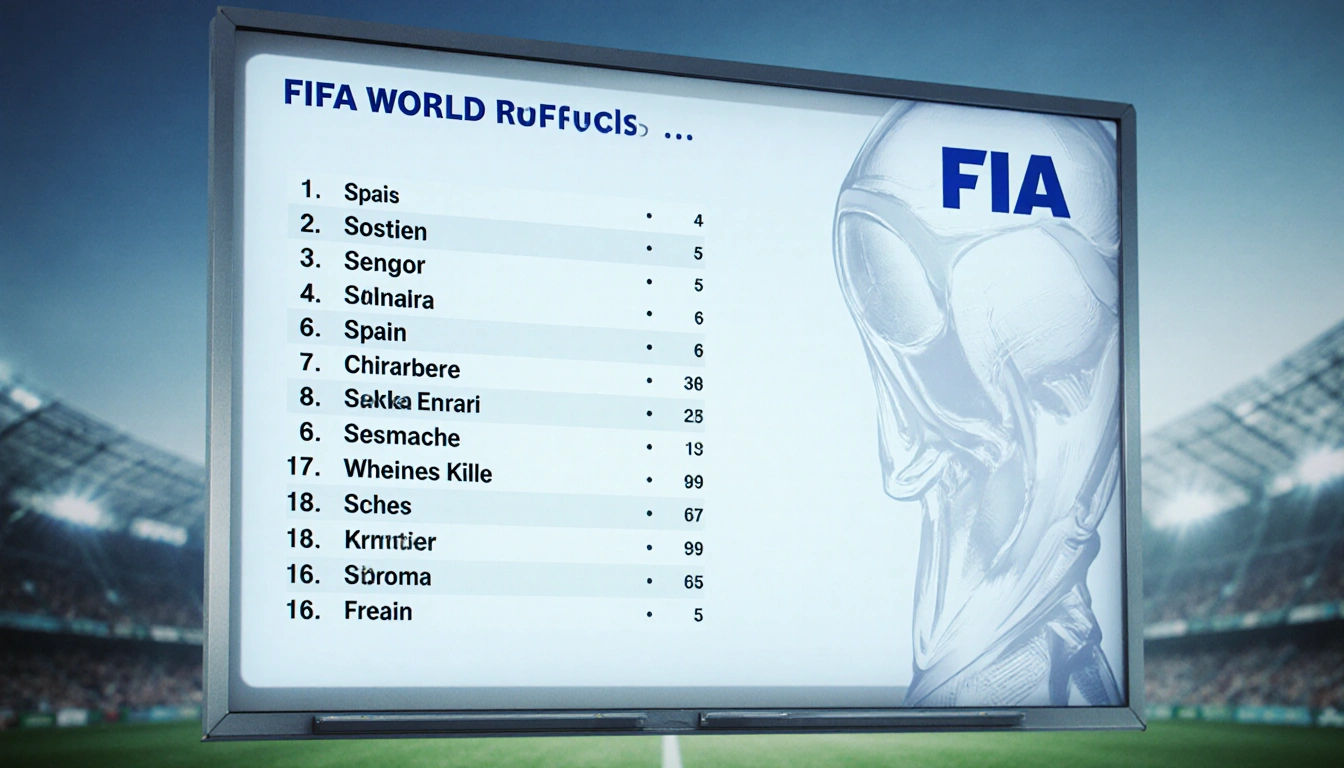 Top ten FIFA world rankings list appears on sleek screen with blue-green gradient background and faint World Cup trophy.