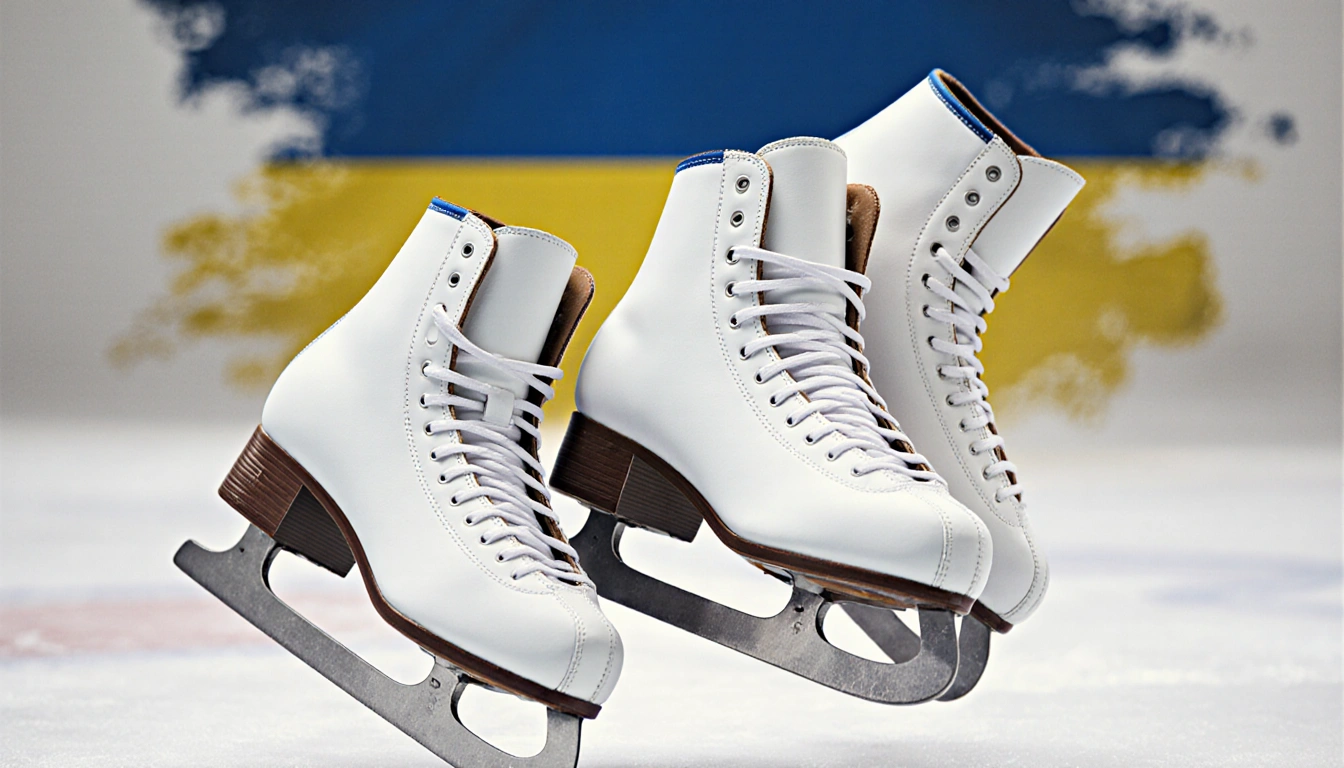 Three figure skates mid-air with one crossing the other against Ukrainian flag with tears and Russian tricolor on laces