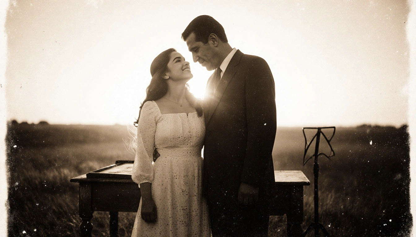 Abraham Quintanilla stands proudly beside Selena smiling with a worn wooden table behind them