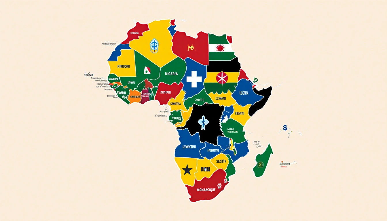 African flags arranging into a map-like collage with tiny medical symbols and currency notes