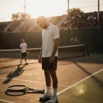 Carlos Alcaraz stands on tennis court edge with racket on ground while Ferrero walks away evoking nostalgia.