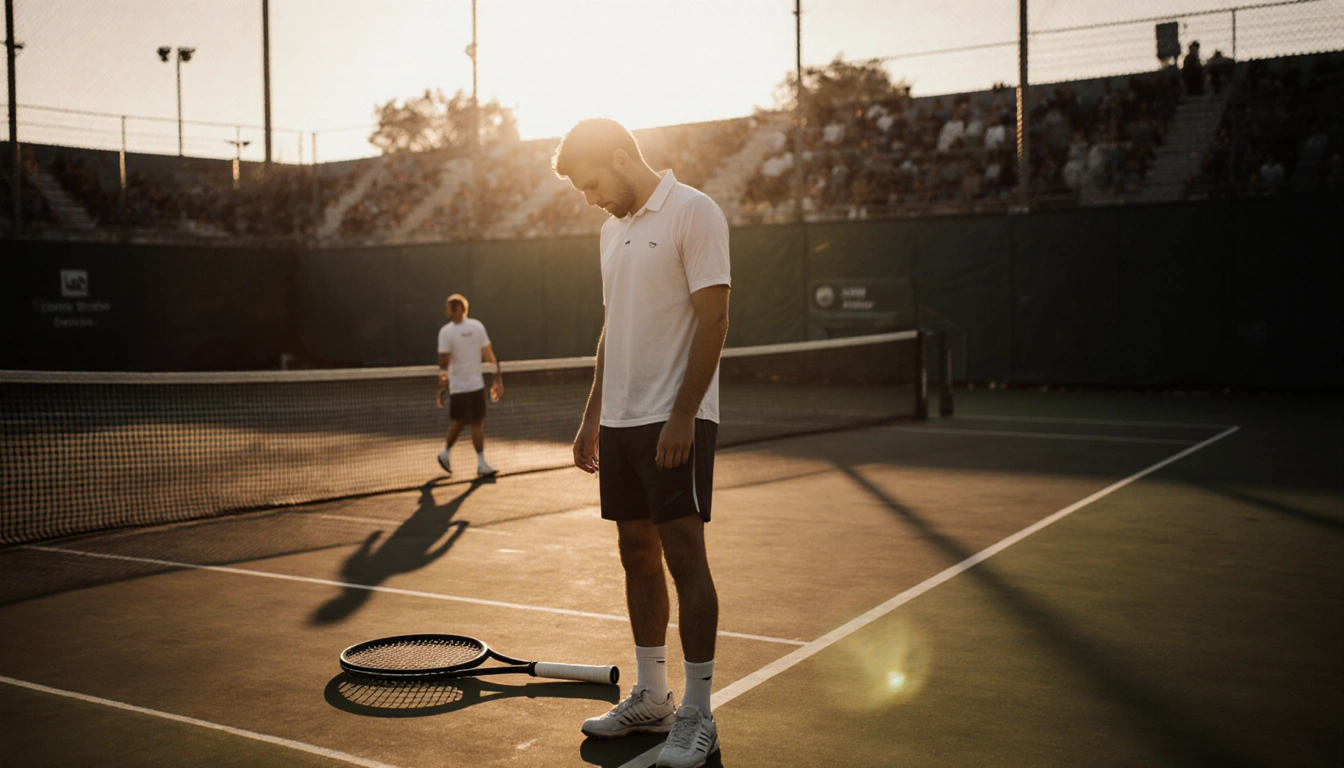 Carlos Alcaraz stands on tennis court edge with racket on ground while Ferrero walks away evoking nostalgia.