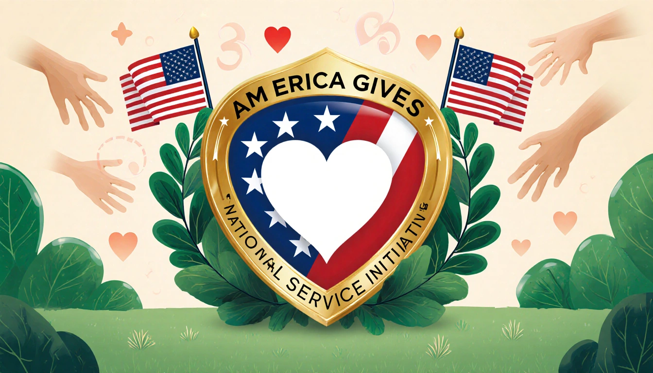 Golden badge of America Gives shining with open heart over fields and fluttering American flags