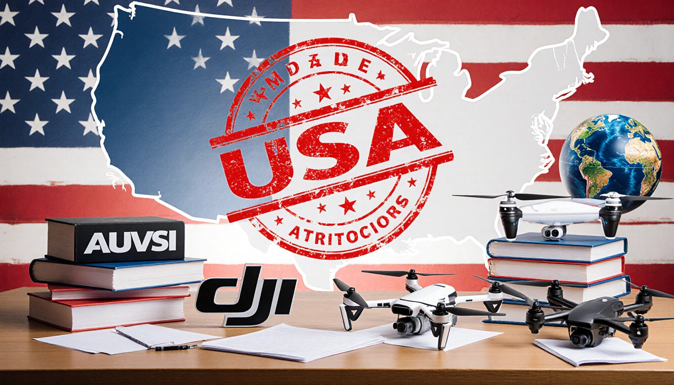 Drone logos arranged on wooden table with red white blue prototypes. Background shows US map with red Made in USA stamp