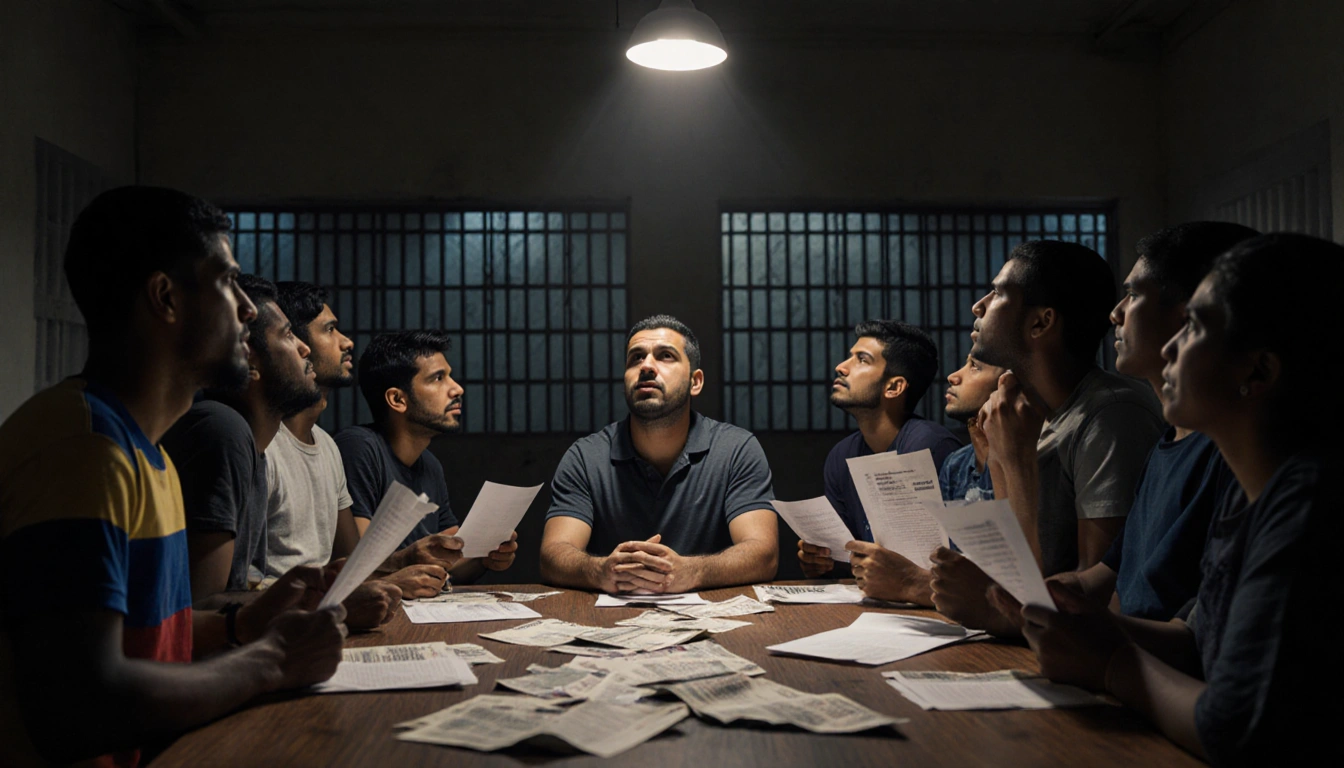 Andry Blanco speaking to Venezuelan migrants with papers for justice while a spotlight highlights him against prison bars.