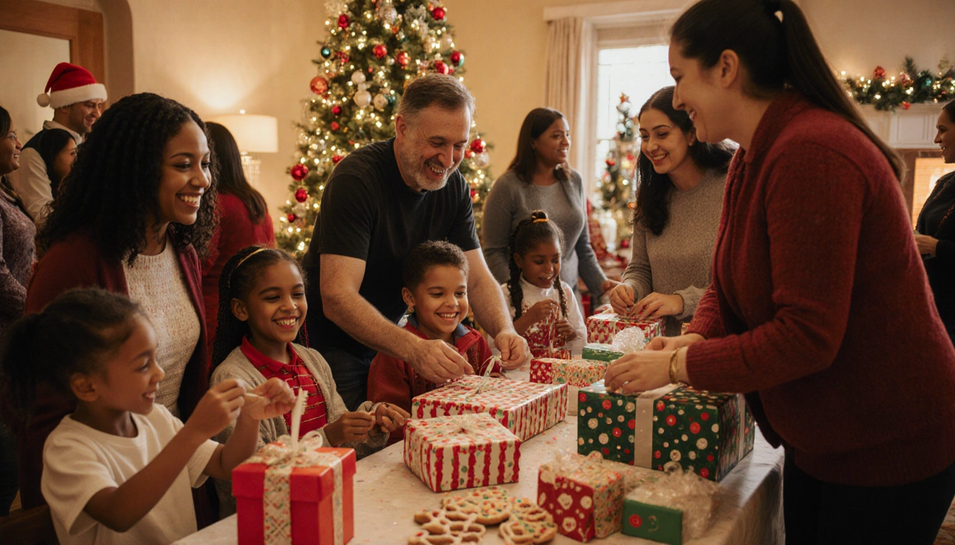 Children unwrapping presents with volunteers and families in a warm golden-lit room filled with Angel Tree boxes and ornament
