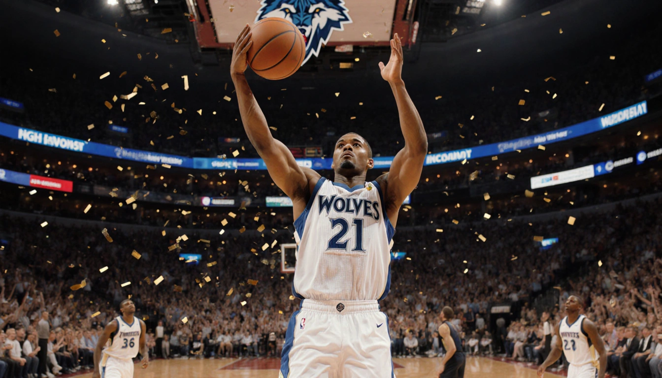 Anthony Edwards releases a winning three-pointer with the Timberwolves logo in a packed Target Center crowd and confetti