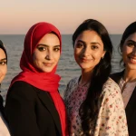 Arab women directors stand with Zain Duraie smiling center and Arabian Sea at sunset behind them