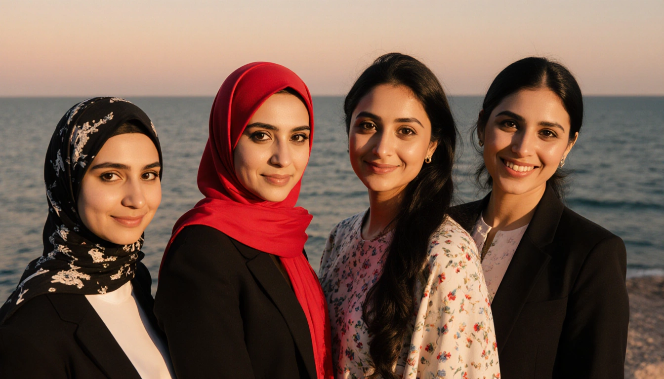 Arab women directors stand with Zain Duraie smiling center and Arabian Sea at sunset behind them
